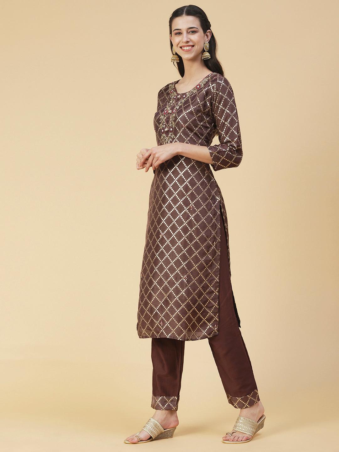 Floral Hand Embroidered Straight Kurta with Pant & Dupatta - Mauve - Indiakreations