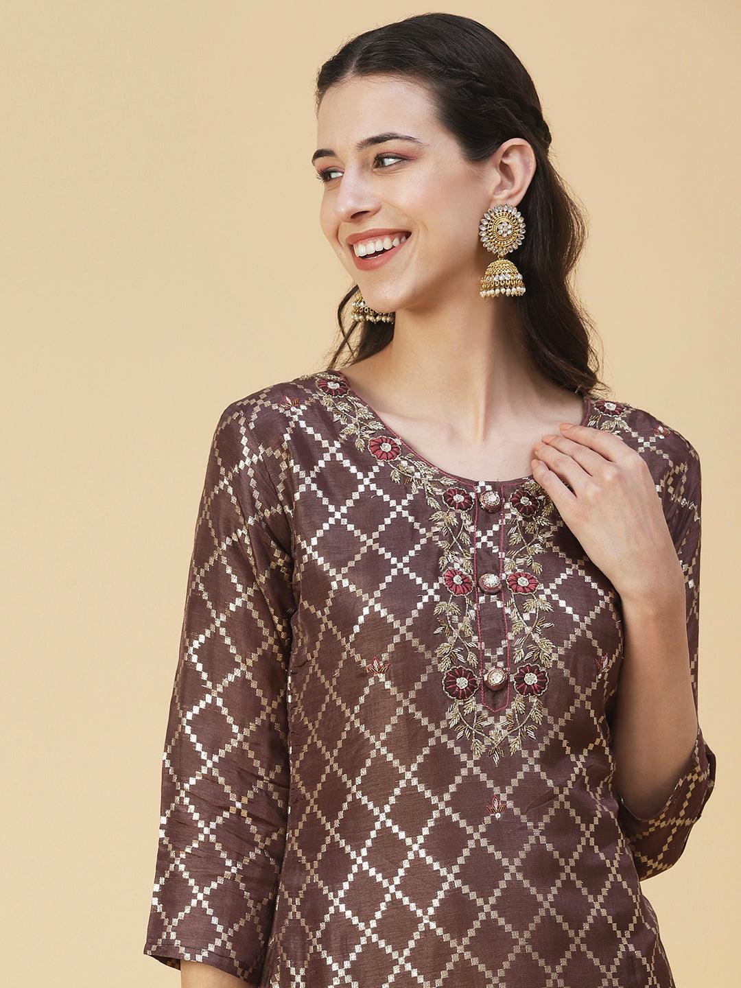 Floral Hand Embroidered Straight Kurta with Pant & Dupatta - Mauve - Indiakreations