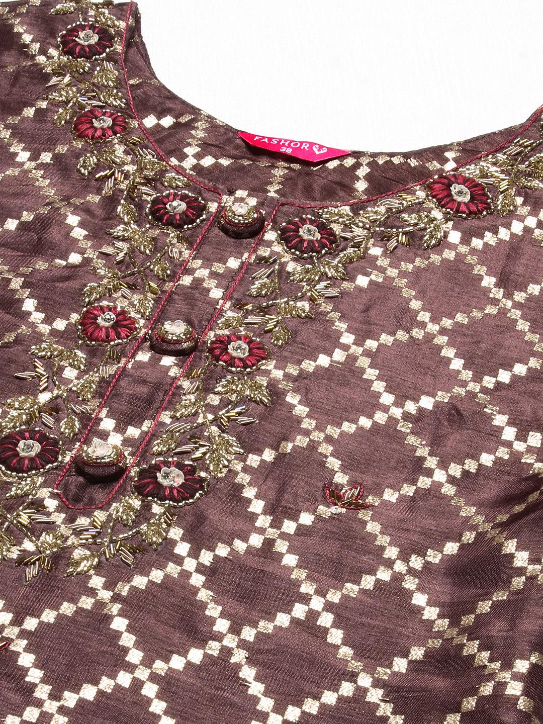 Floral Hand Embroidered Straight Kurta with Pant & Dupatta - Mauve - Indiakreations