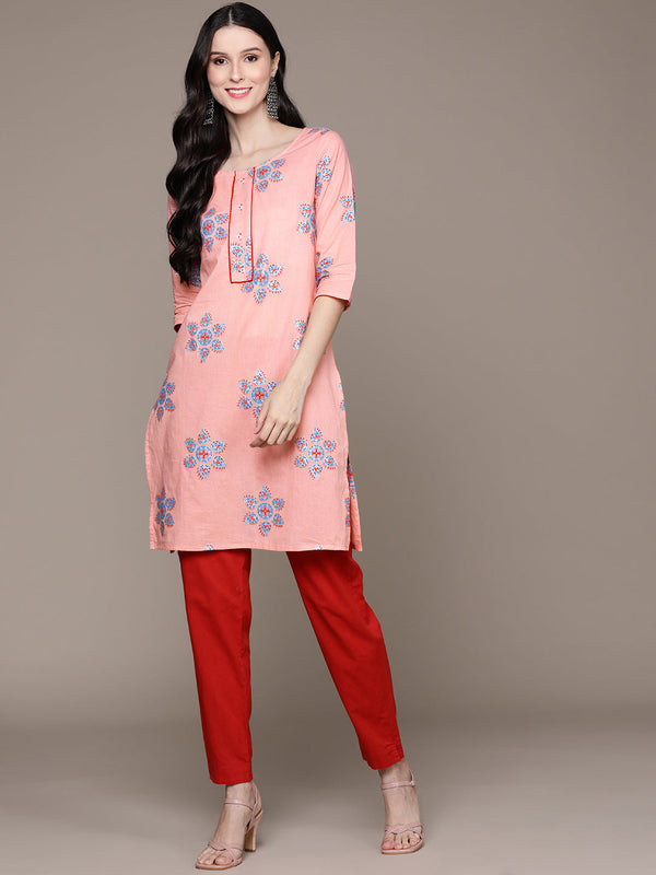 Women's Peach Ethnic Motifs Printed Kurta