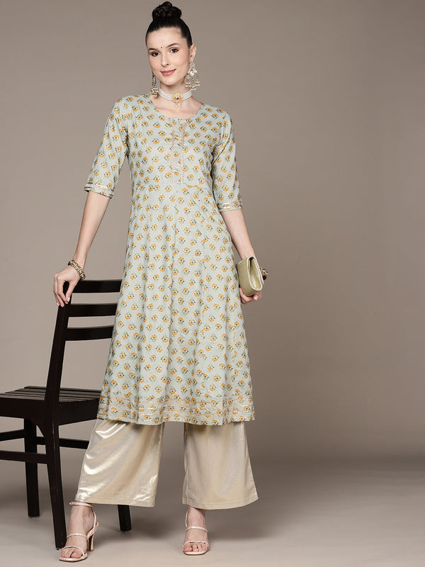 Women's Sage Green Printed Anarkali Kurta