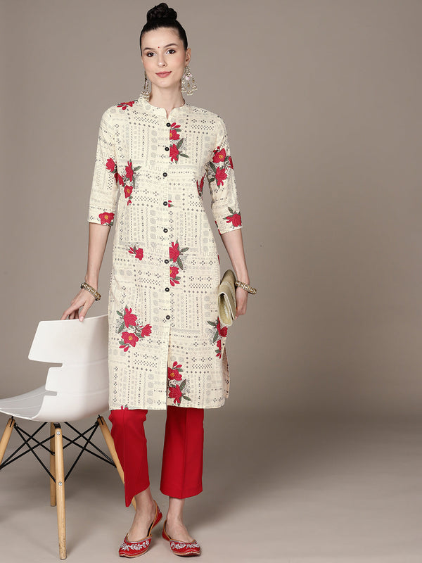 Women's Off White Abstract Printed Kurta