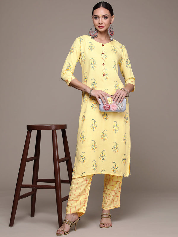 Women's Yellow Printed Kurta Set with Trousers