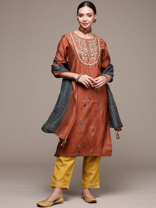 Women's Brown Embroidered Printed Kurta Set with Trousers and Dupatta