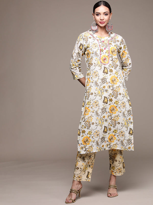 Women's Off White Handwork Printed Kurta Set with Trousers