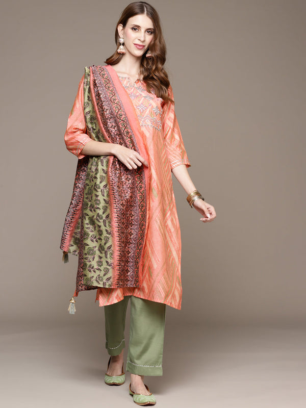 Women's Peach Floral Embroidered Printed Kurta with Trousers and Dupatta