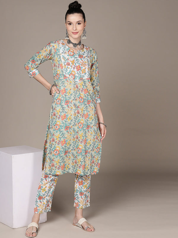 Women's Pista Handwork Printed Kurta Set with Trousers