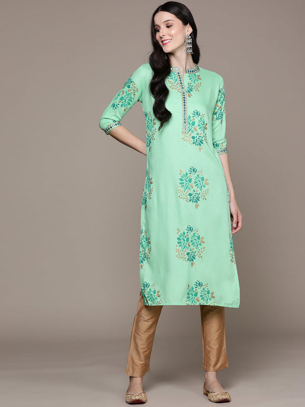 Women's Lime Green Printed Mirrorwork Kurta