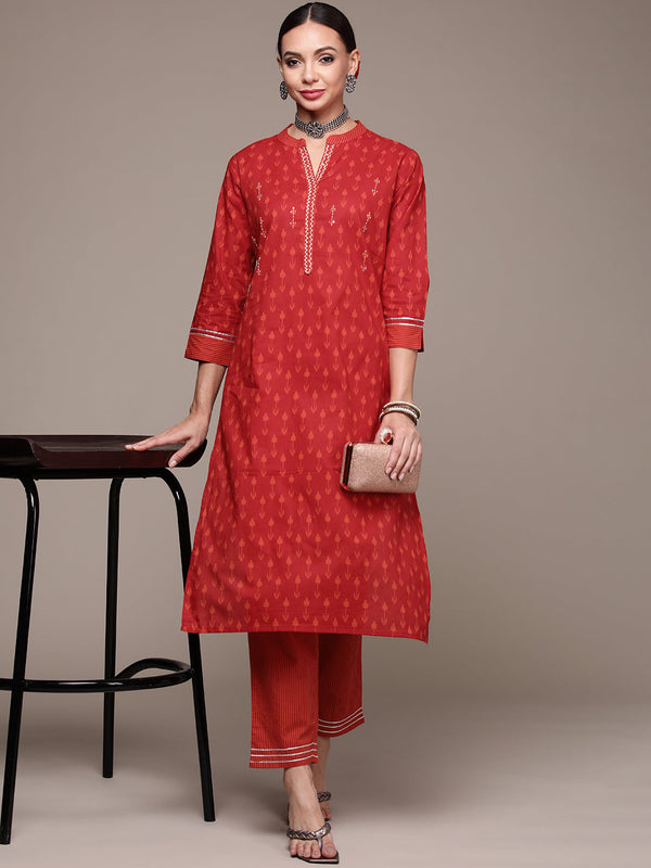 Women's Red Printed Handwork Kurta Set with Trousers