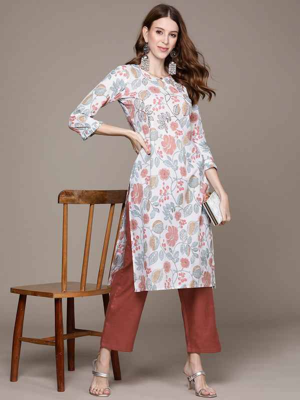 Women's Off white Handwork Printed Kurta Set with Trousers