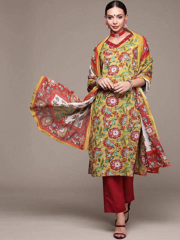 Women's Green Printed Handwork Kurta Set with Trousers and Dupatta