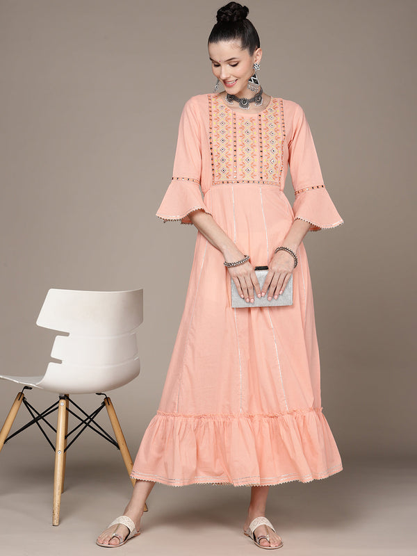 Women's Peach Cotton Embroidered A-Line Dress