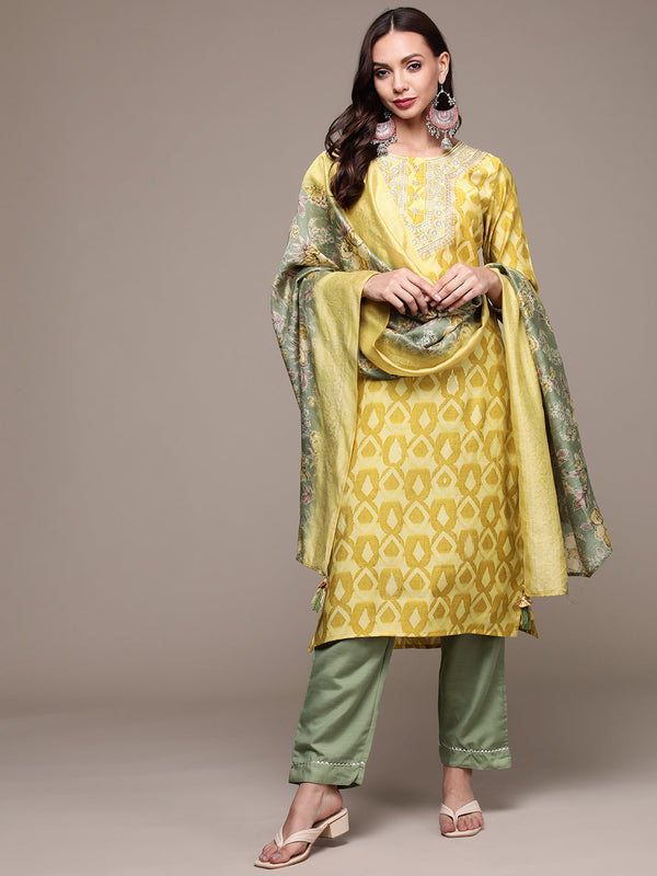 Women's Yellow Embroidered Abstract Printed Kurta set with Trousers and Dupatta