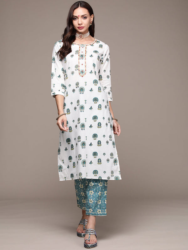 Women's Off white Embroidered Printed Kurta Set with Trousers