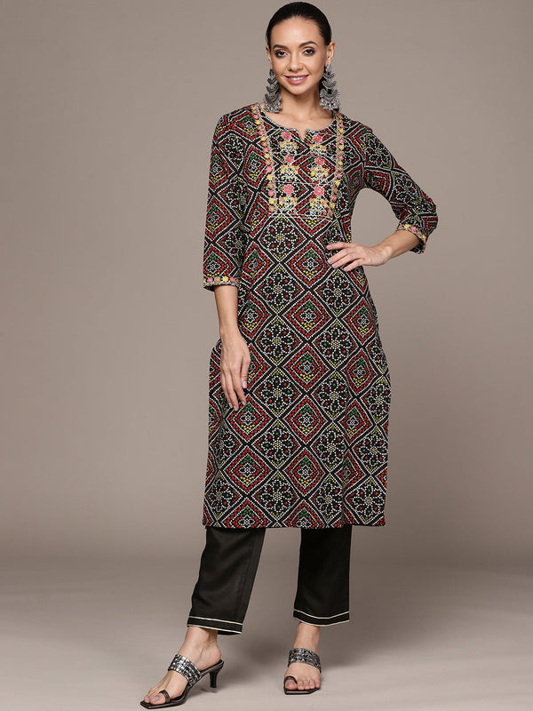 Women's Black Embroidered Bandhani Printed Kurta Set with Trousers