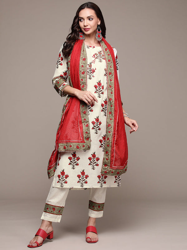 Women's Off white Printed Mirrorwork Kurta set with Trousers and Dupatta