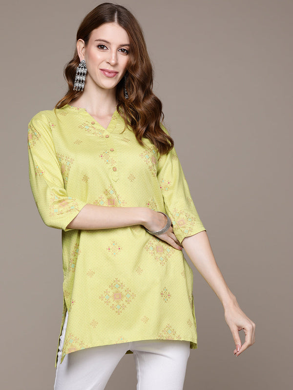 Women's Lime Yellow Ethnic Motifs Printed Tunic