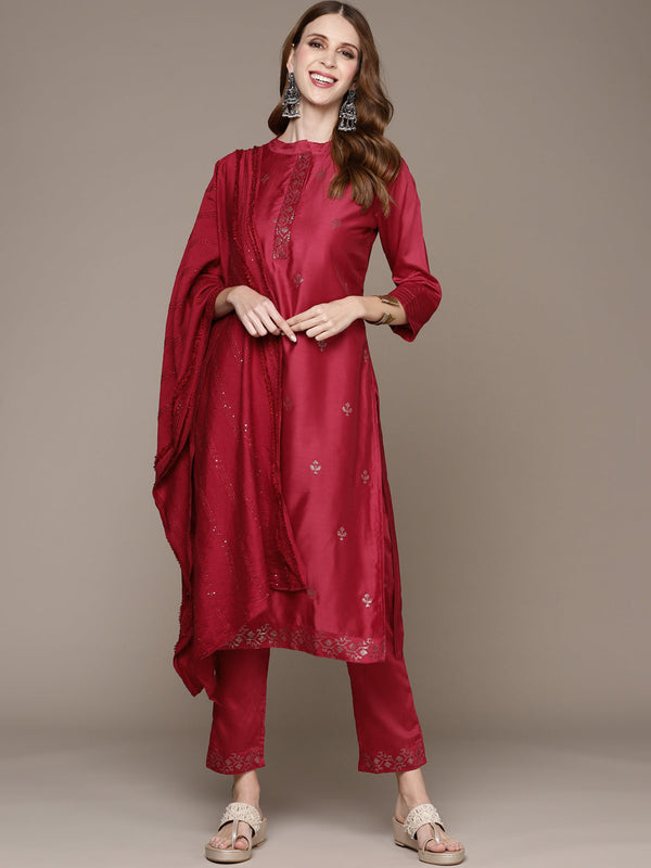 Women's Fuchsia Handwork Kurta Set with Trousers and Dupatta