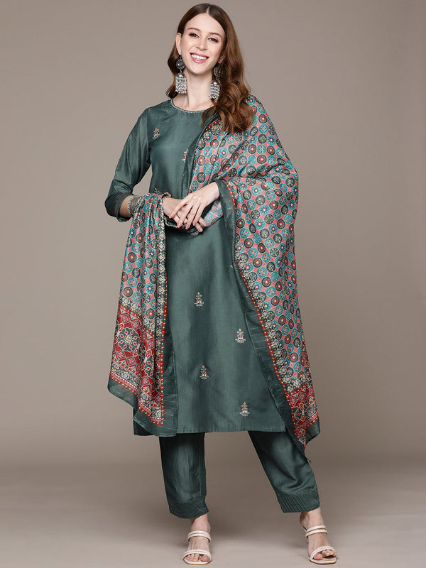 Women's Charcoal Embroidered Kurta set with Trousers and Dupatta