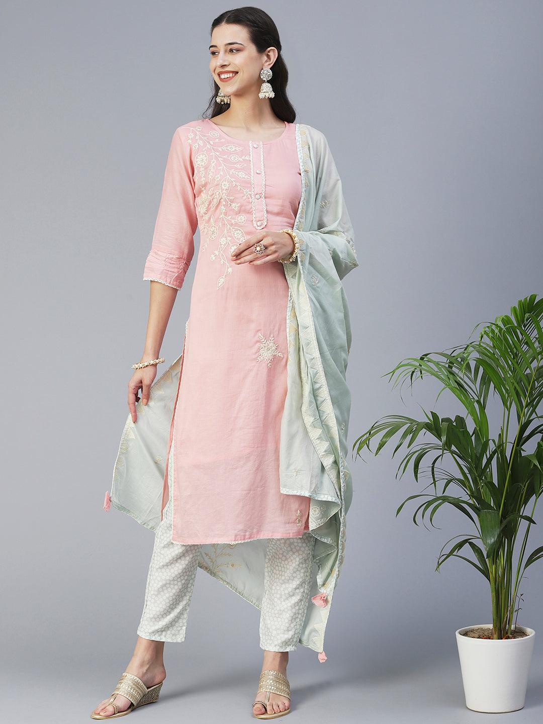 Solid Floral Embroidered Straight Kurta with Pant & Dupatta - Pink - Indiakreations