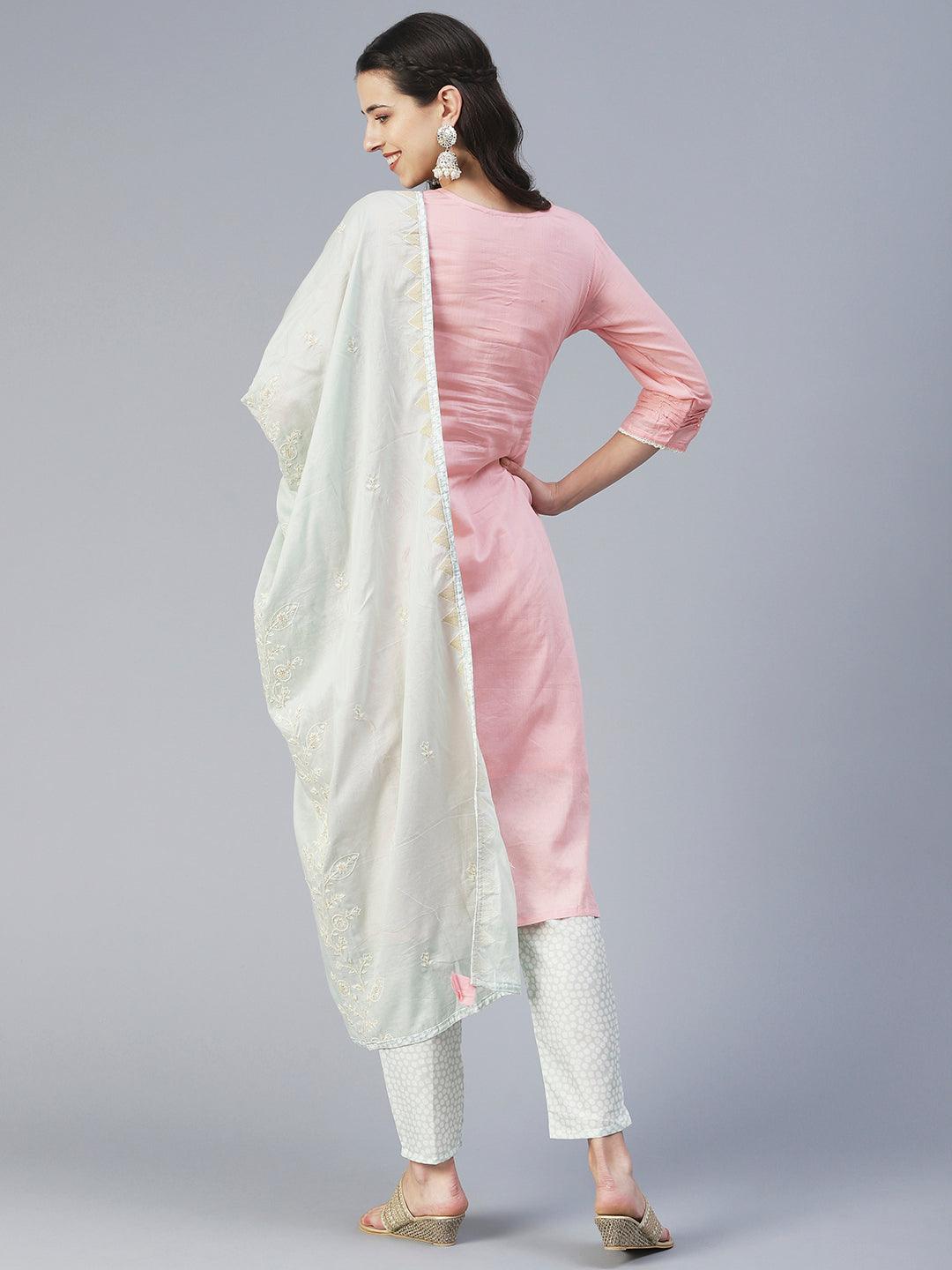 Solid Floral Embroidered Straight Kurta with Pant & Dupatta - Pink - Indiakreations