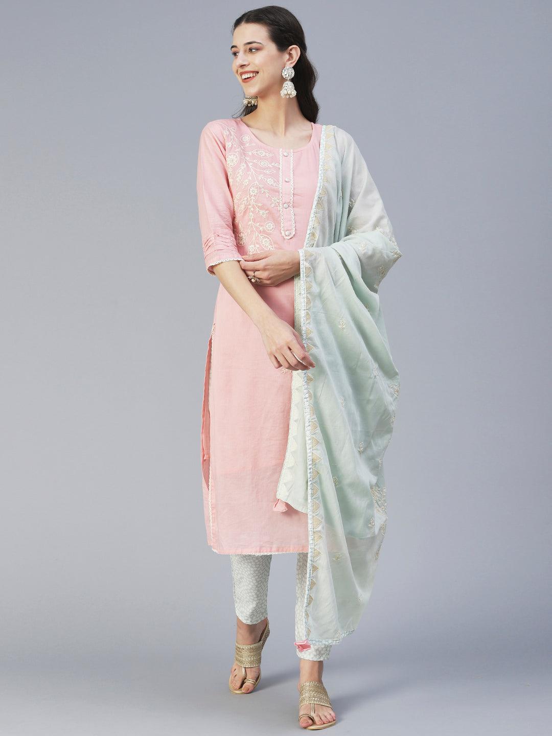 Solid Floral Embroidered Straight Kurta with Pant & Dupatta - Pink - Indiakreations