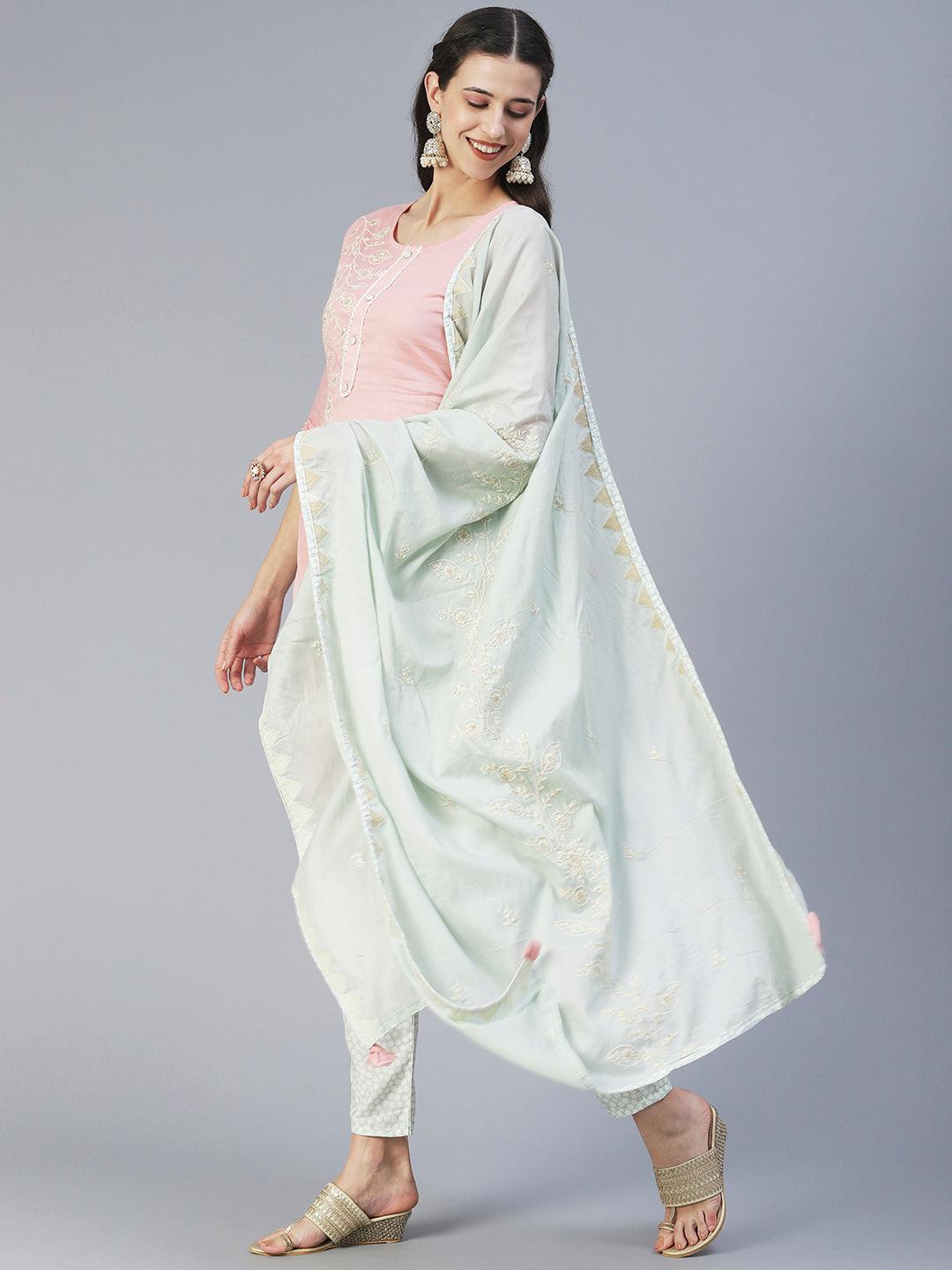 Solid Floral Embroidered Straight Kurta with Pant & Dupatta - Pink - Indiakreations