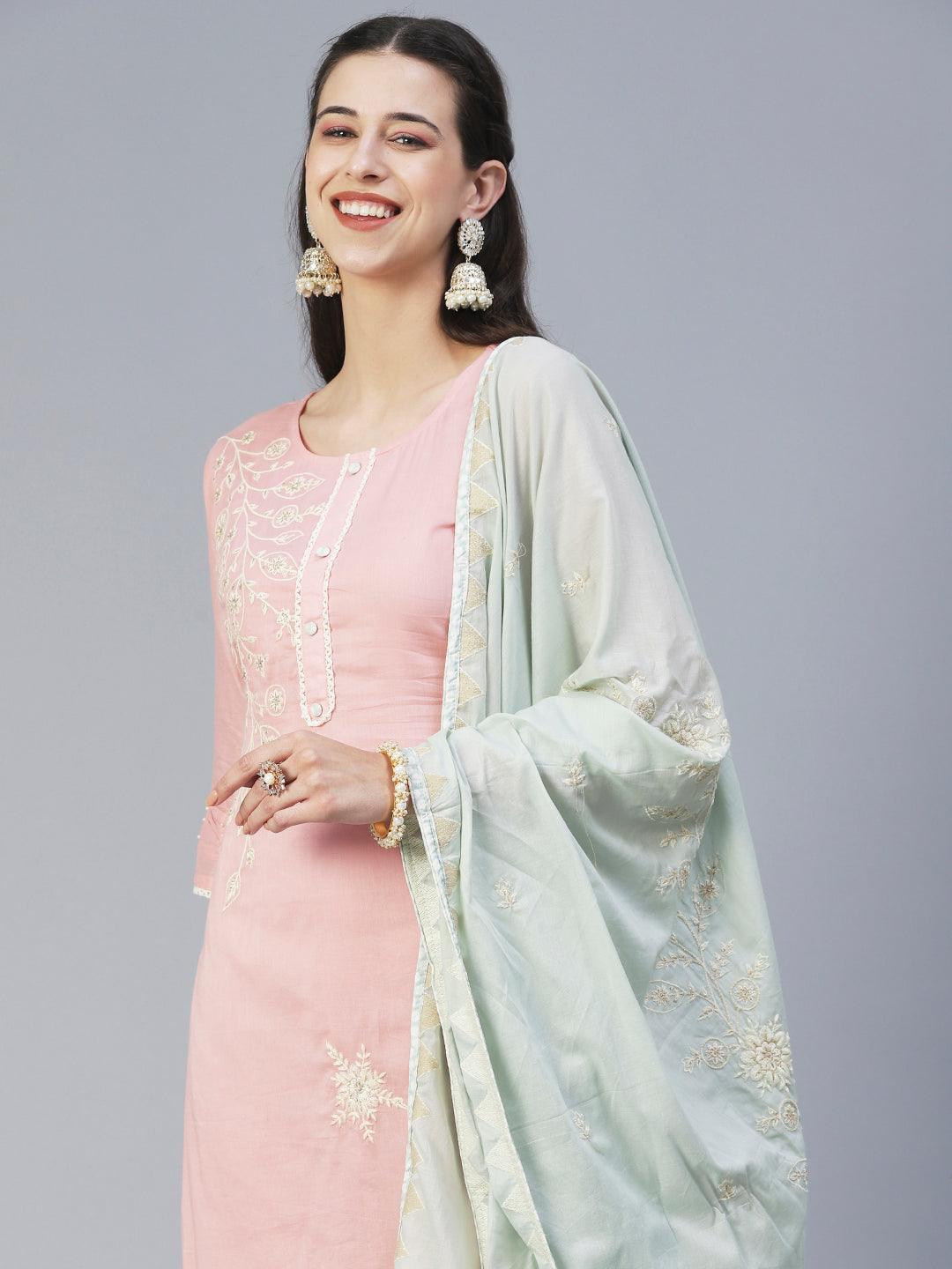 Solid Floral Embroidered Straight Kurta with Pant & Dupatta - Pink - Indiakreations