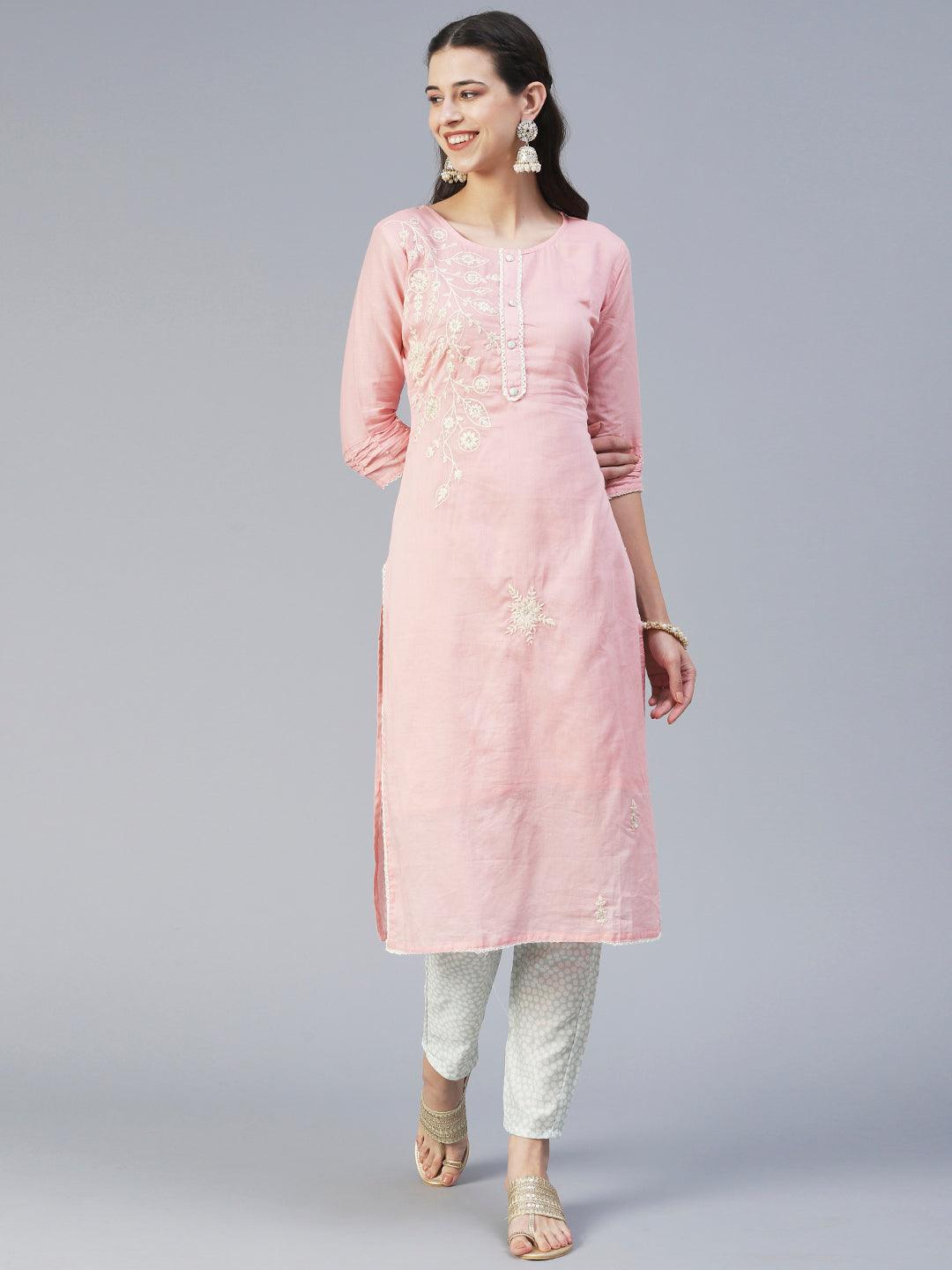 Solid Floral Embroidered Straight Kurta with Pant & Dupatta - Pink - Indiakreations