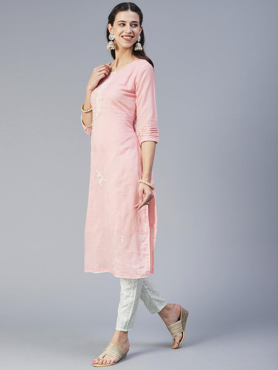 Solid Floral Embroidered Straight Kurta with Pant & Dupatta - Pink - Indiakreations