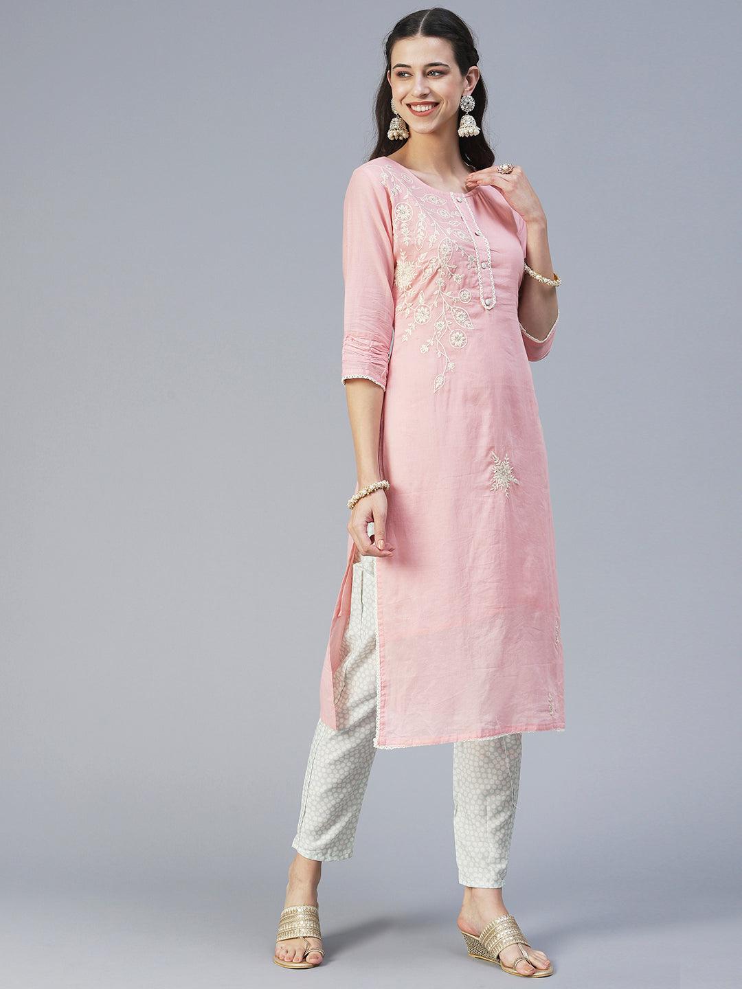 Solid Floral Embroidered Straight Kurta with Pant & Dupatta - Pink - Indiakreations