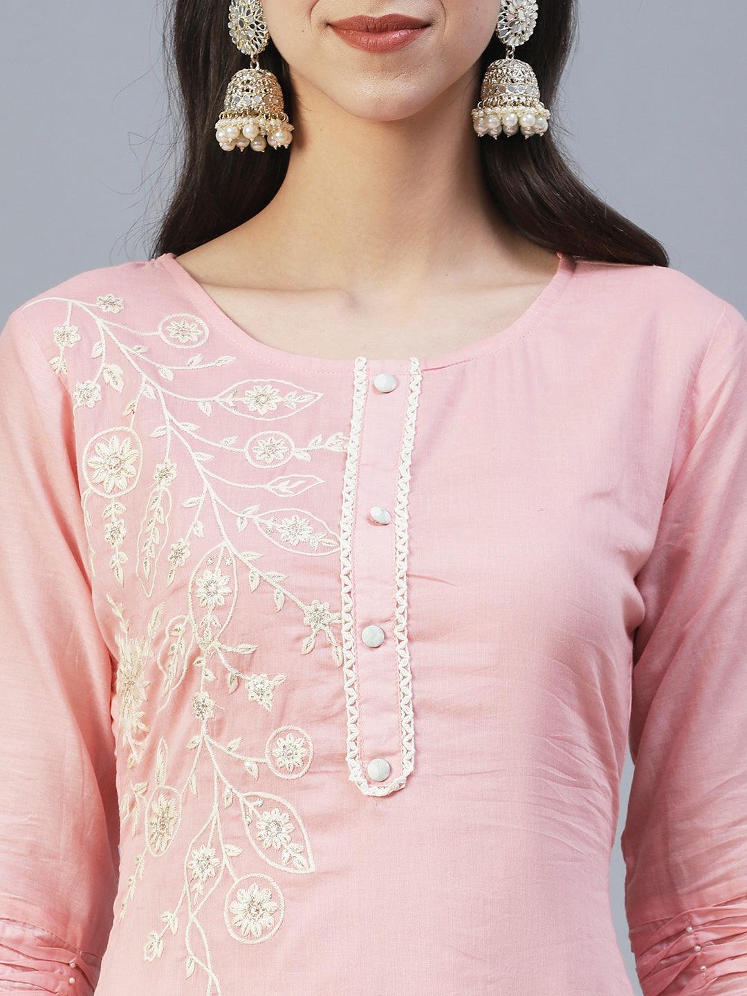 Solid Floral Embroidered Straight Kurta with Pant & Dupatta - Pink - Indiakreations