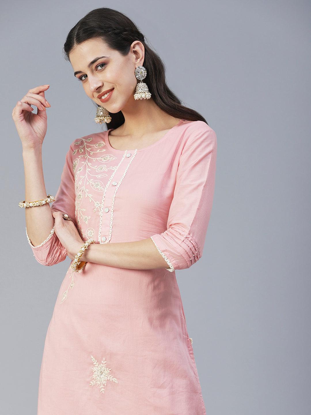 Solid Floral Embroidered Straight Kurta with Pant & Dupatta - Pink - Indiakreations