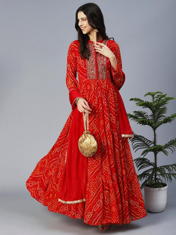 Bandhani Printed & Hand Embroidered Flared Maxi Dress with Dupatta - Red - Indiakreations