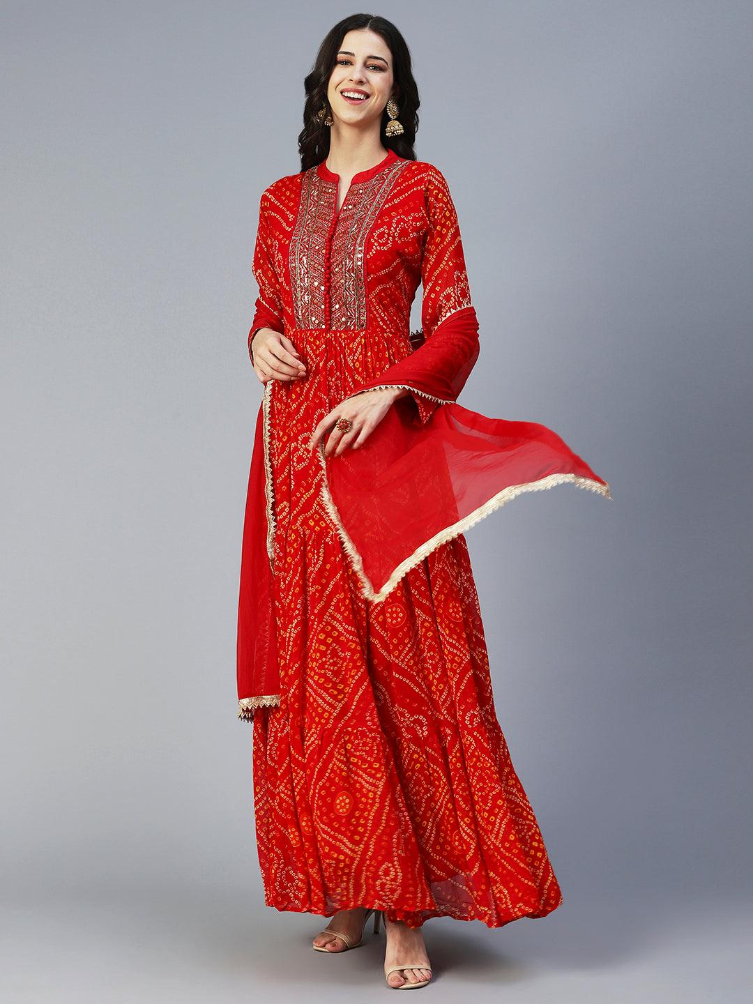 Bandhani Printed & Hand Embroidered Flared Maxi Dress with Dupatta - Red - Indiakreations