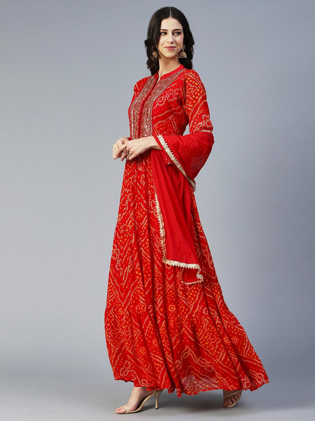 Bandhani Printed & Hand Embroidered Flared Maxi Dress with Dupatta - Red - Indiakreations