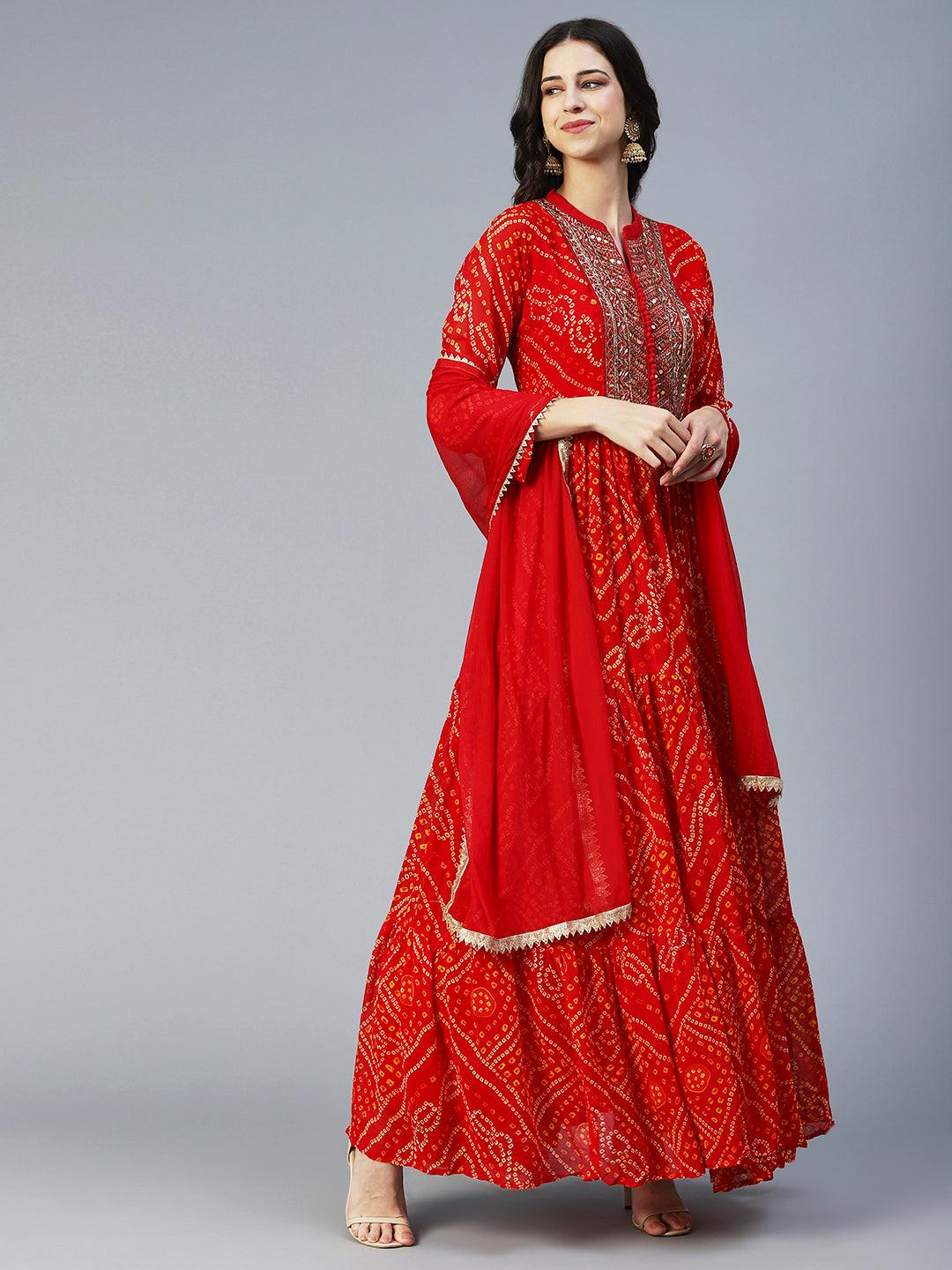 Bandhani Printed & Hand Embroidered Flared Maxi Dress with Dupatta - Red - Indiakreations