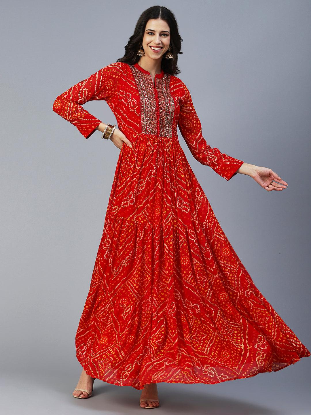 Bandhani Printed & Hand Embroidered Flared Maxi Dress with Dupatta - Red - Indiakreations