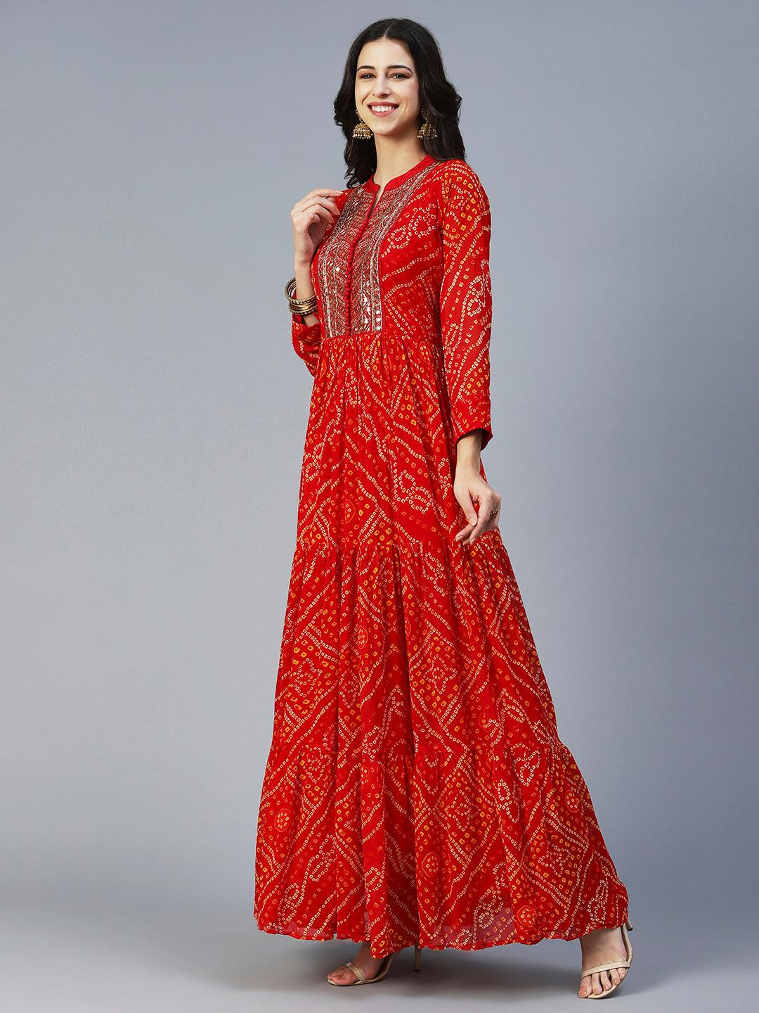 Bandhani Printed & Hand Embroidered Flared Maxi Dress with Dupatta - Red - Indiakreations