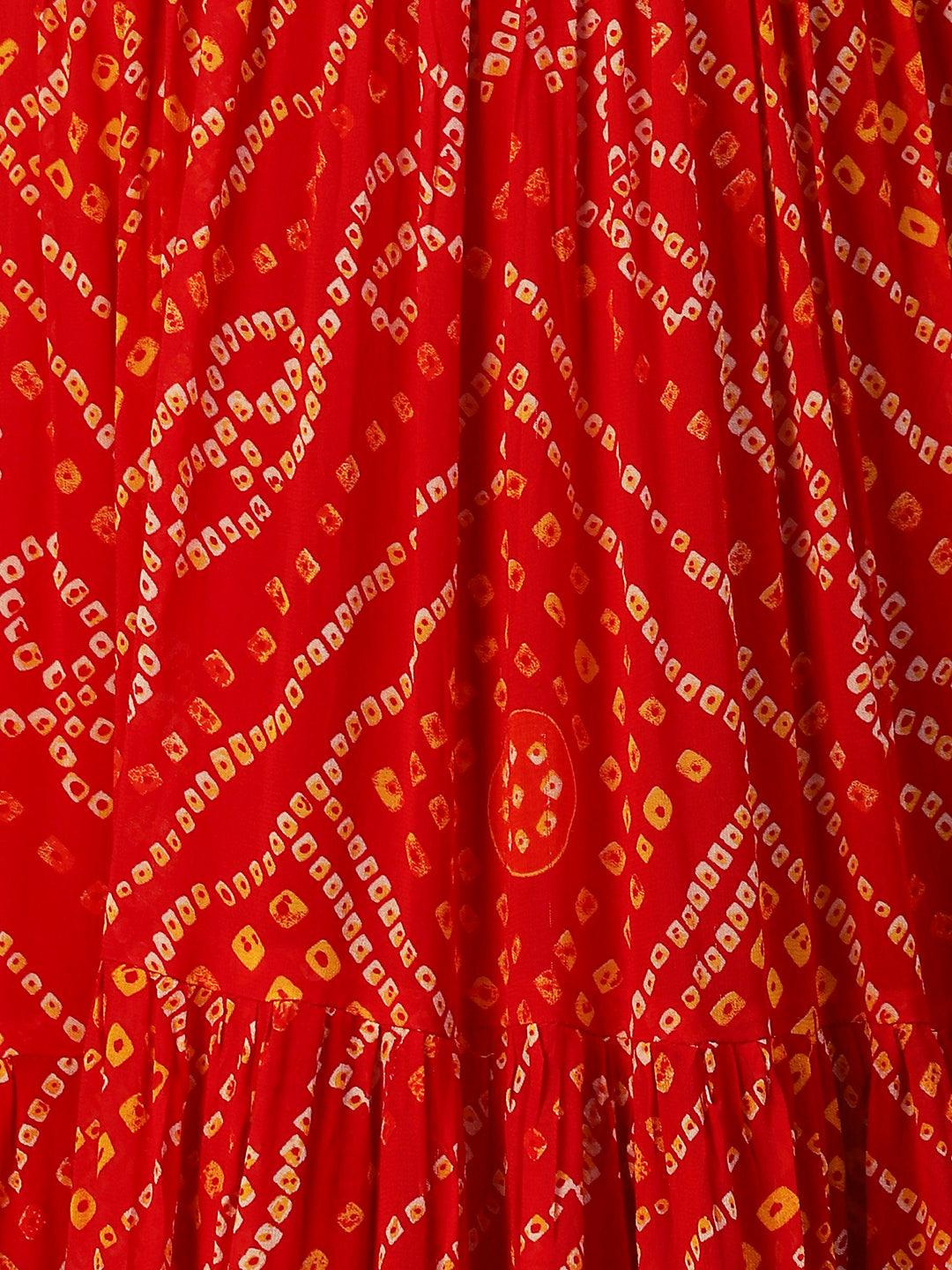 Bandhani Printed & Hand Embroidered Flared Maxi Dress with Dupatta - Red - Indiakreations