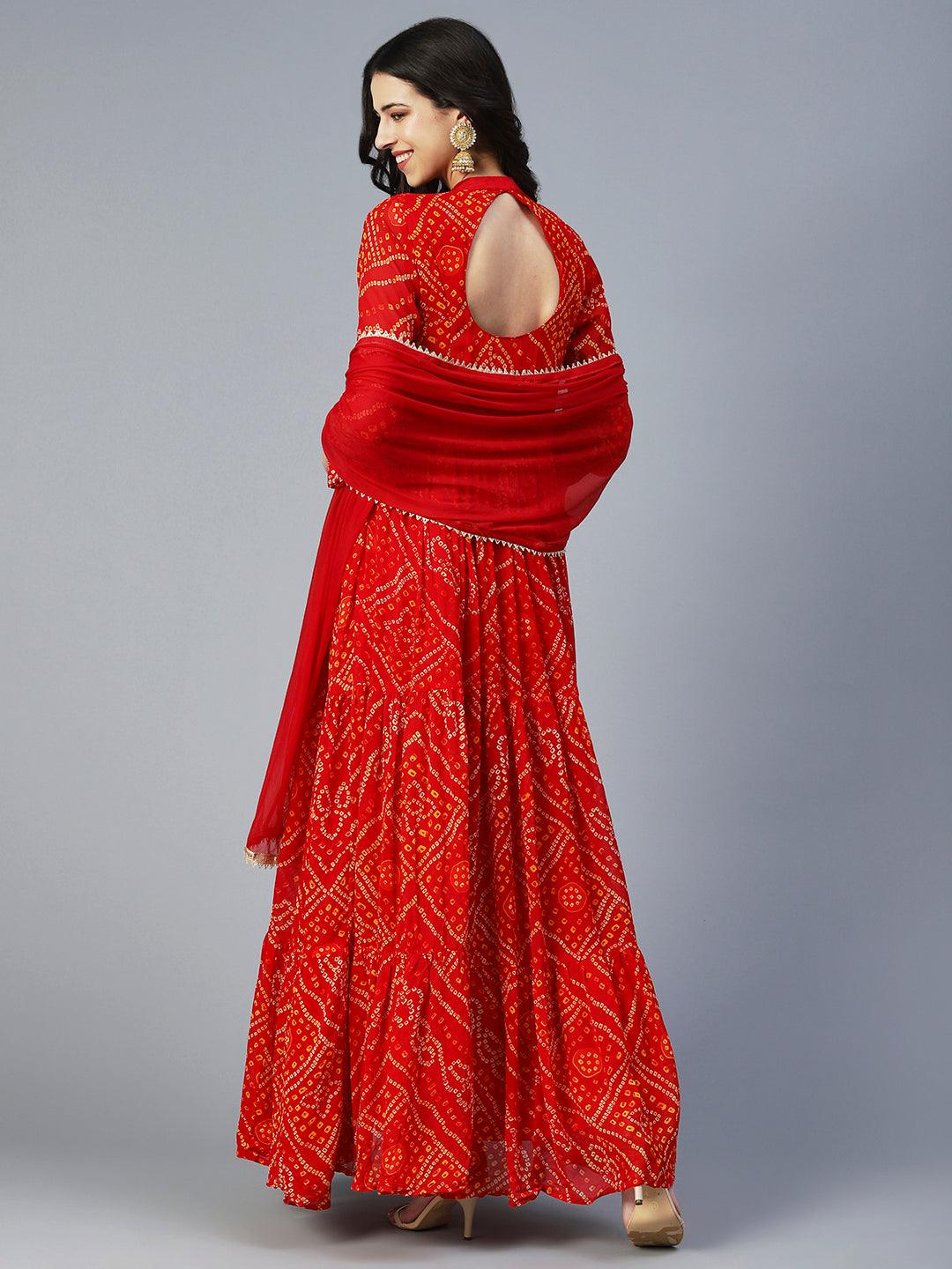 Bandhani Printed & Hand Embroidered Flared Maxi Dress with Dupatta - Red - Indiakreations