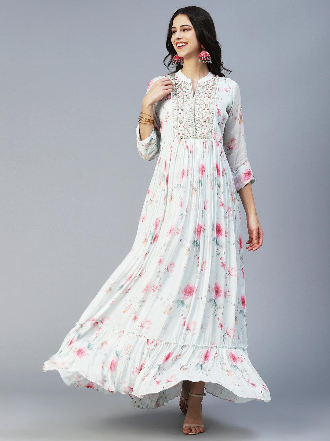 Floral Printed & Hand Embroidered Fit & Flare Maxi Dress - Blue - Indiakreations