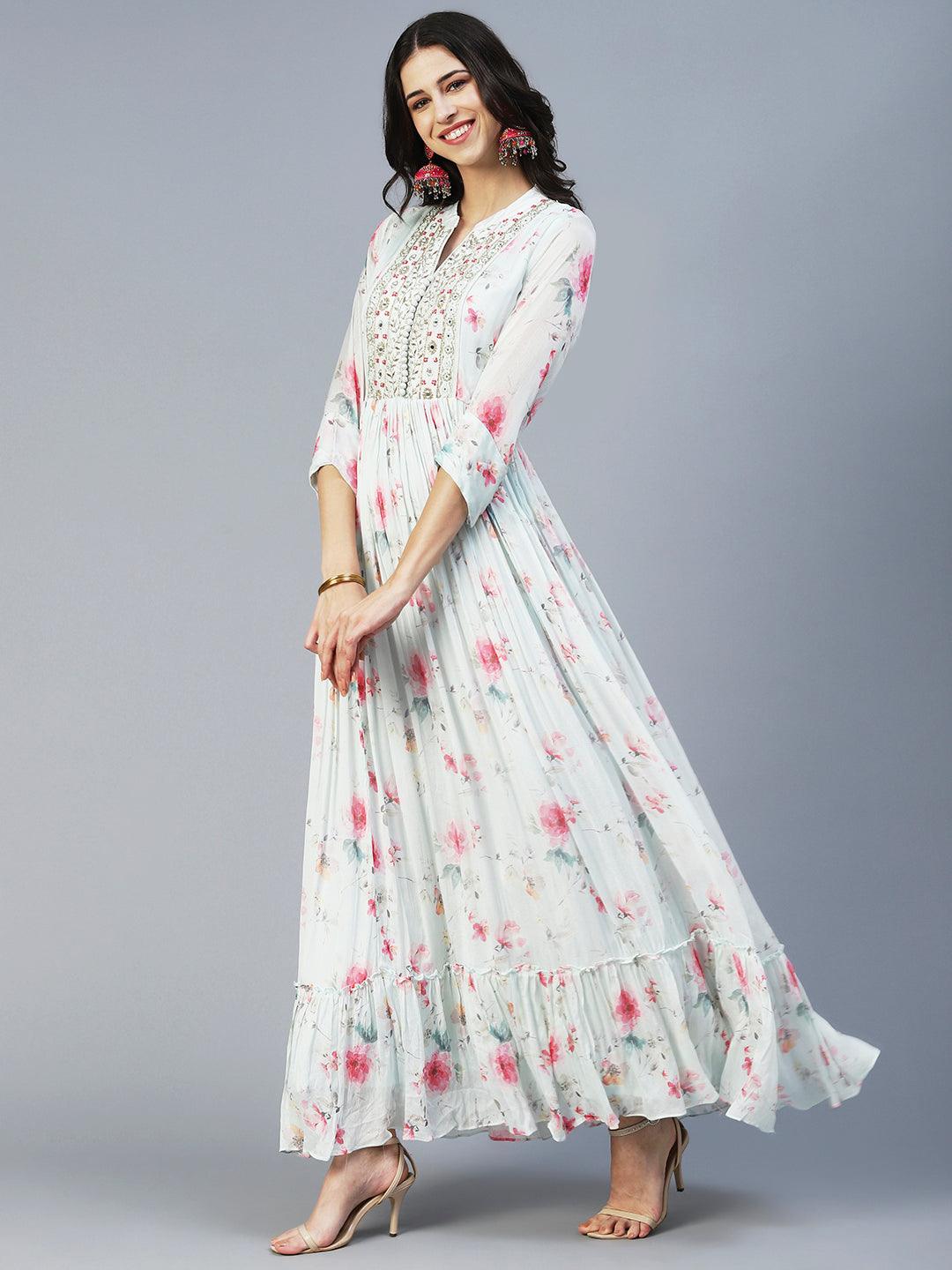 Floral Printed & Hand Embroidered Fit & Flare Maxi Dress - Blue - Indiakreations