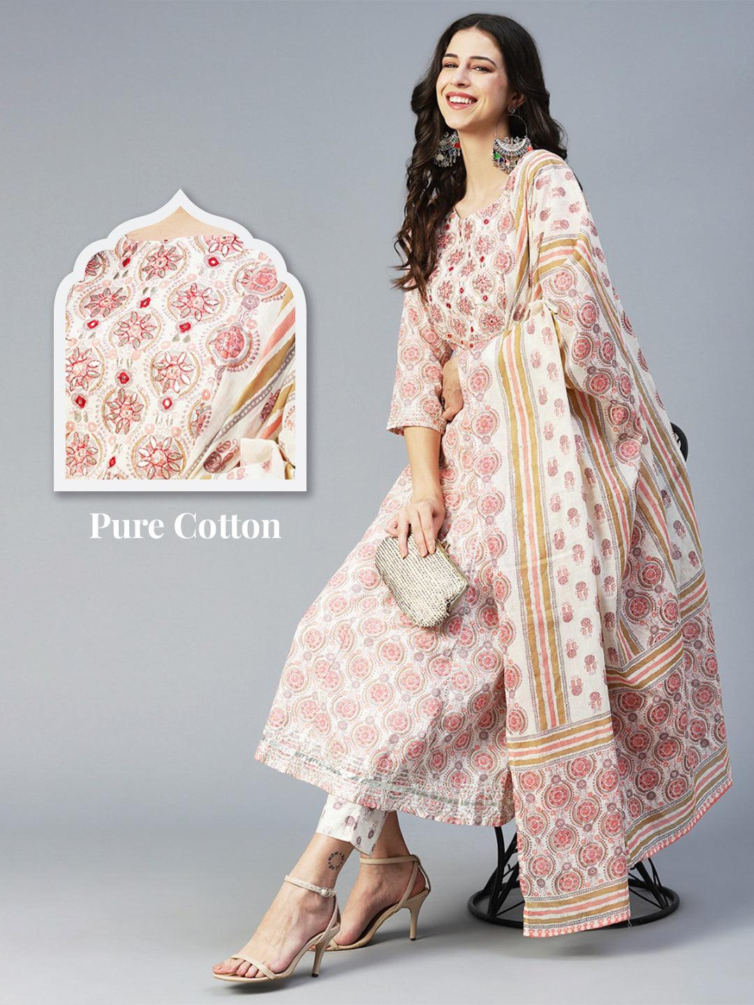 Ethnic Printed & Embroidered Anarkali Kurta with Pant & Dupatta - Peach - Indiakreations