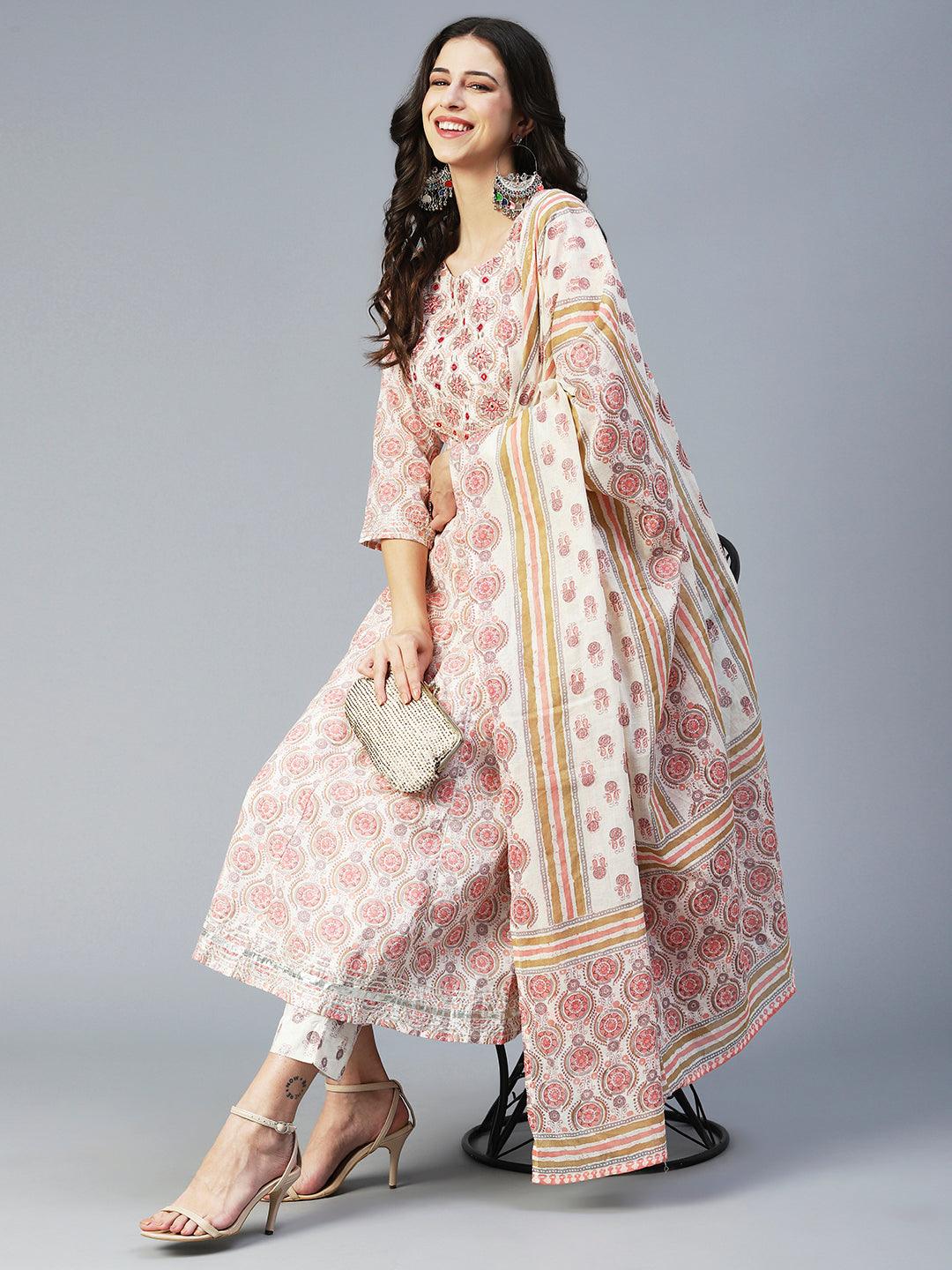 Ethnic Printed & Embroidered Anarkali Kurta with Pant & Dupatta - Peach - Indiakreations