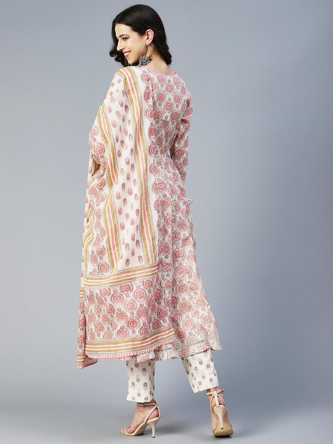 Ethnic Printed & Embroidered Anarkali Kurta with Pant & Dupatta - Peach - Indiakreations