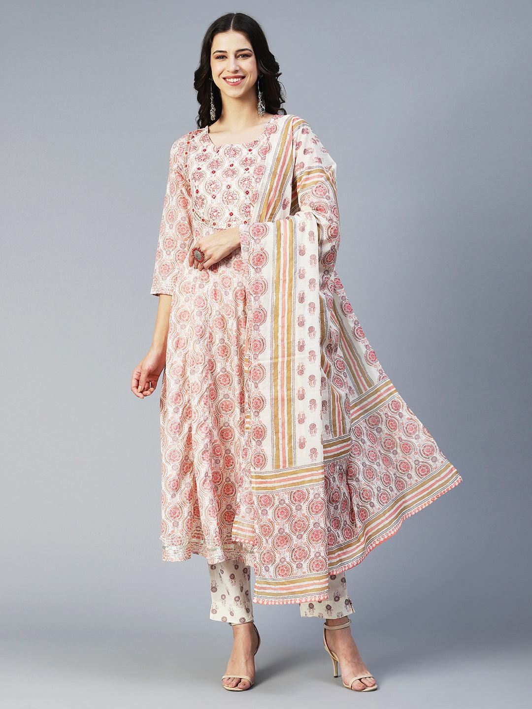 Ethnic Printed & Embroidered Anarkali Kurta with Pant & Dupatta - Peach - Indiakreations