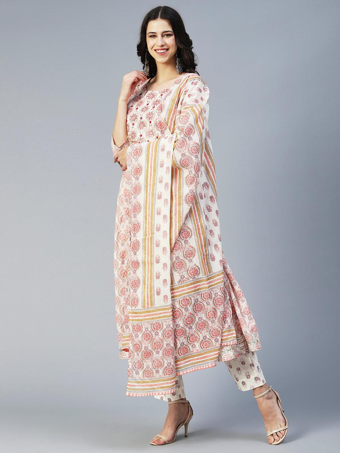 Ethnic Printed & Embroidered Anarkali Kurta with Pant & Dupatta - Peach - Indiakreations