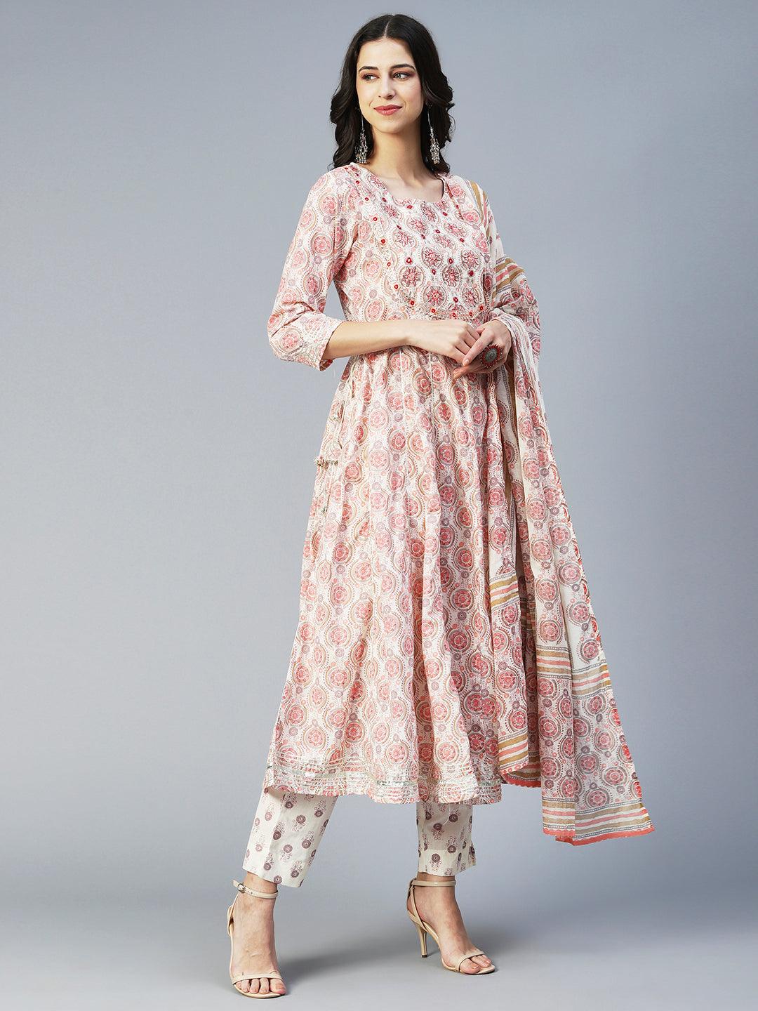 Ethnic Printed & Embroidered Anarkali Kurta with Pant & Dupatta - Peach - Indiakreations