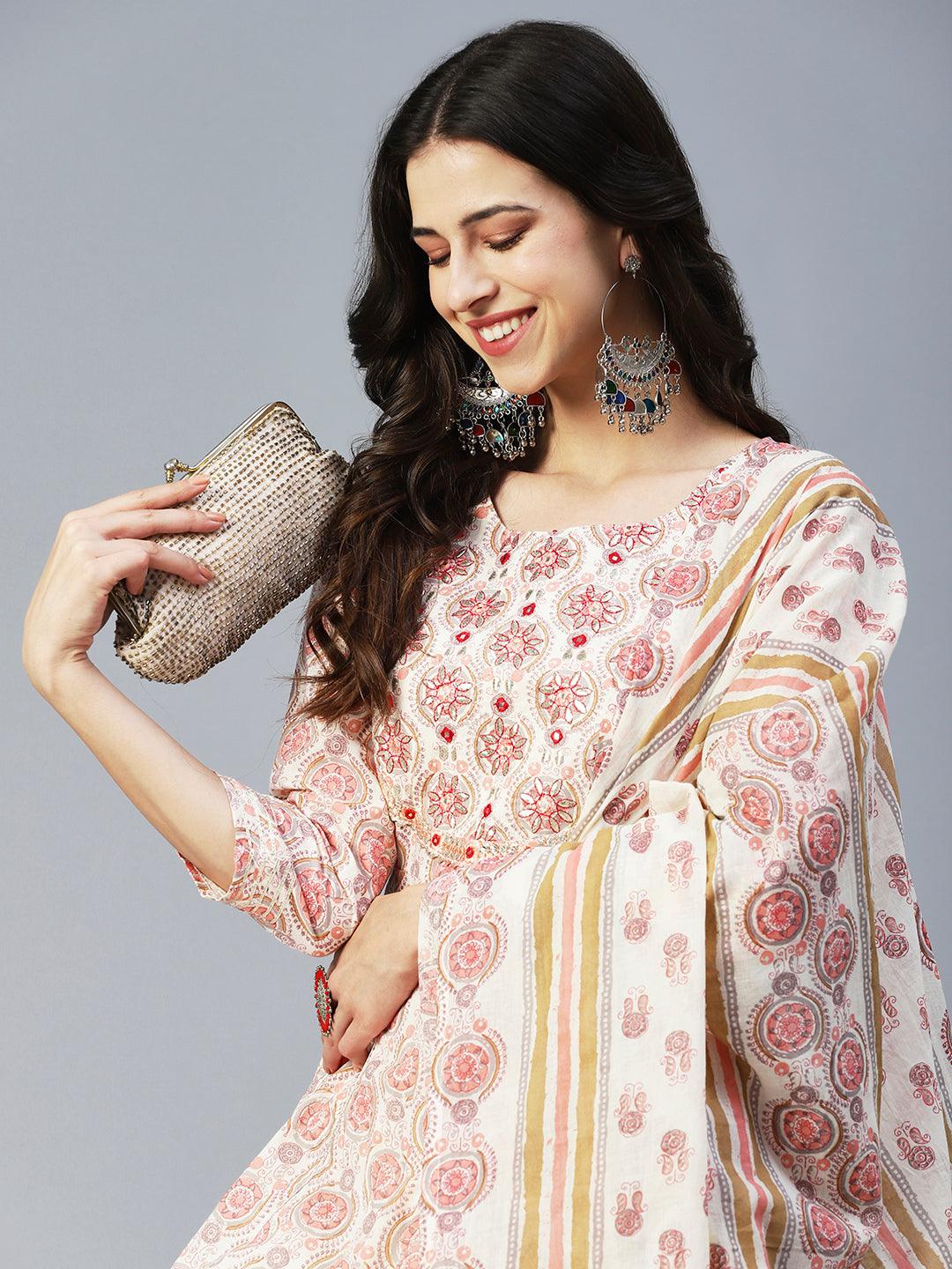 Ethnic Printed & Embroidered Anarkali Kurta with Pant & Dupatta - Peach - Indiakreations